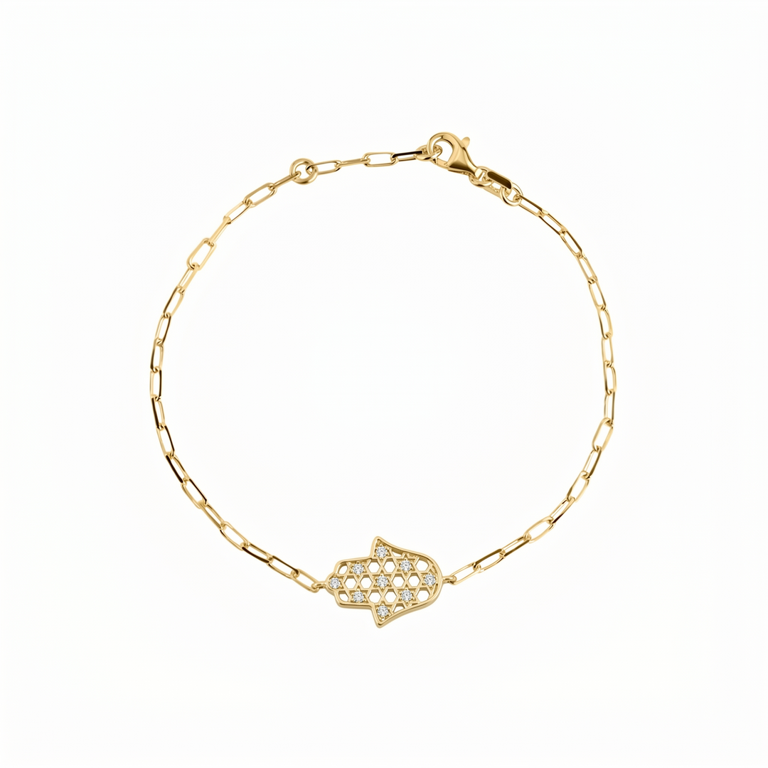 14K gold Honeycomb hamsa bracelet paperclip
