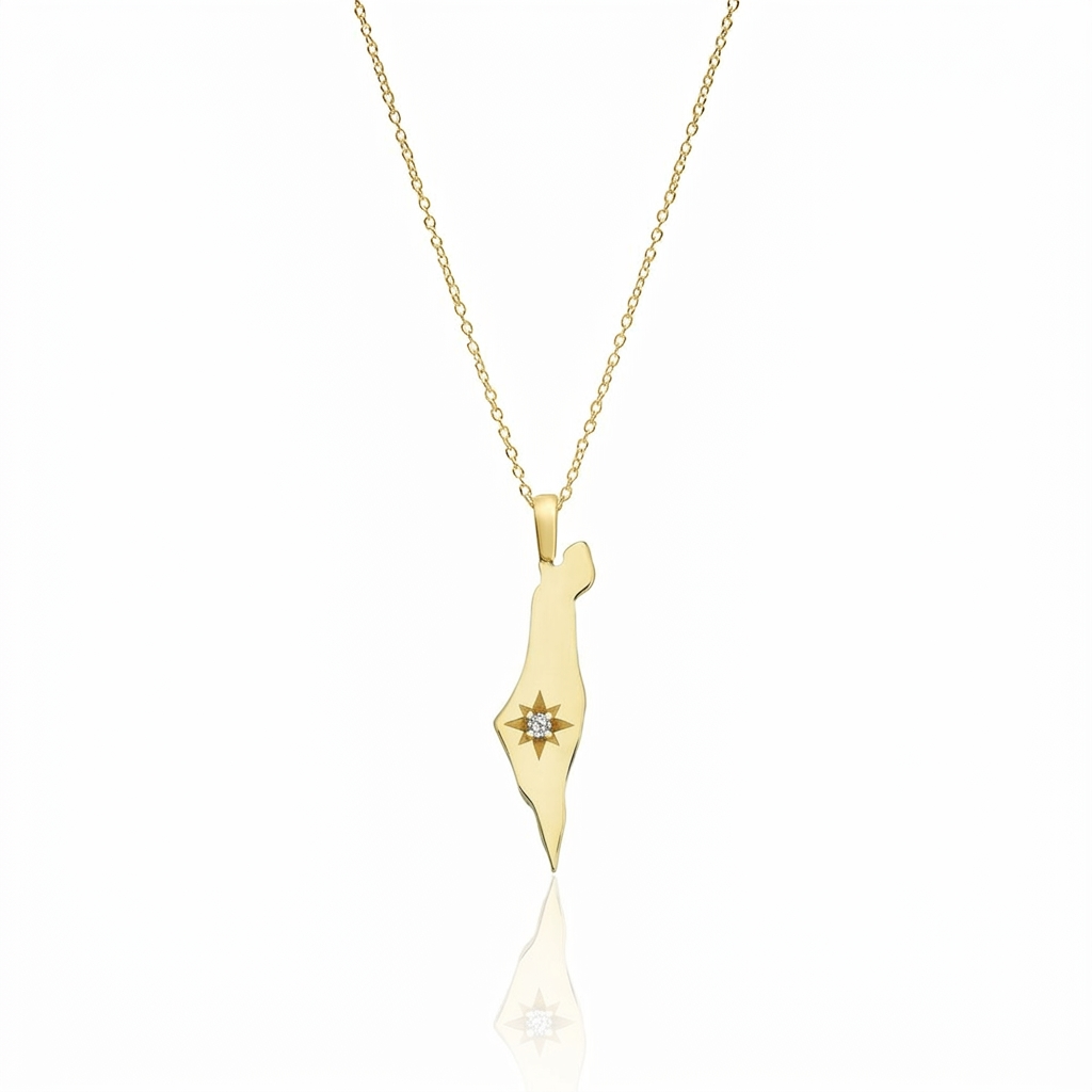 14K Gold Diamond North Star Israel Map Necklace