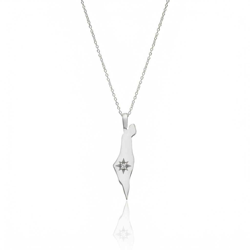 14K Gold Diamond North Star Israel Map Necklace