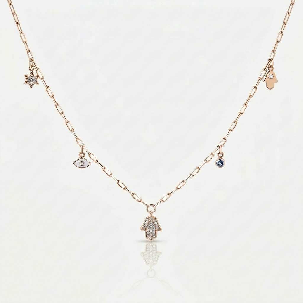 14k gold Dangling Multi Charm classic Hamsa  paperclip necklace