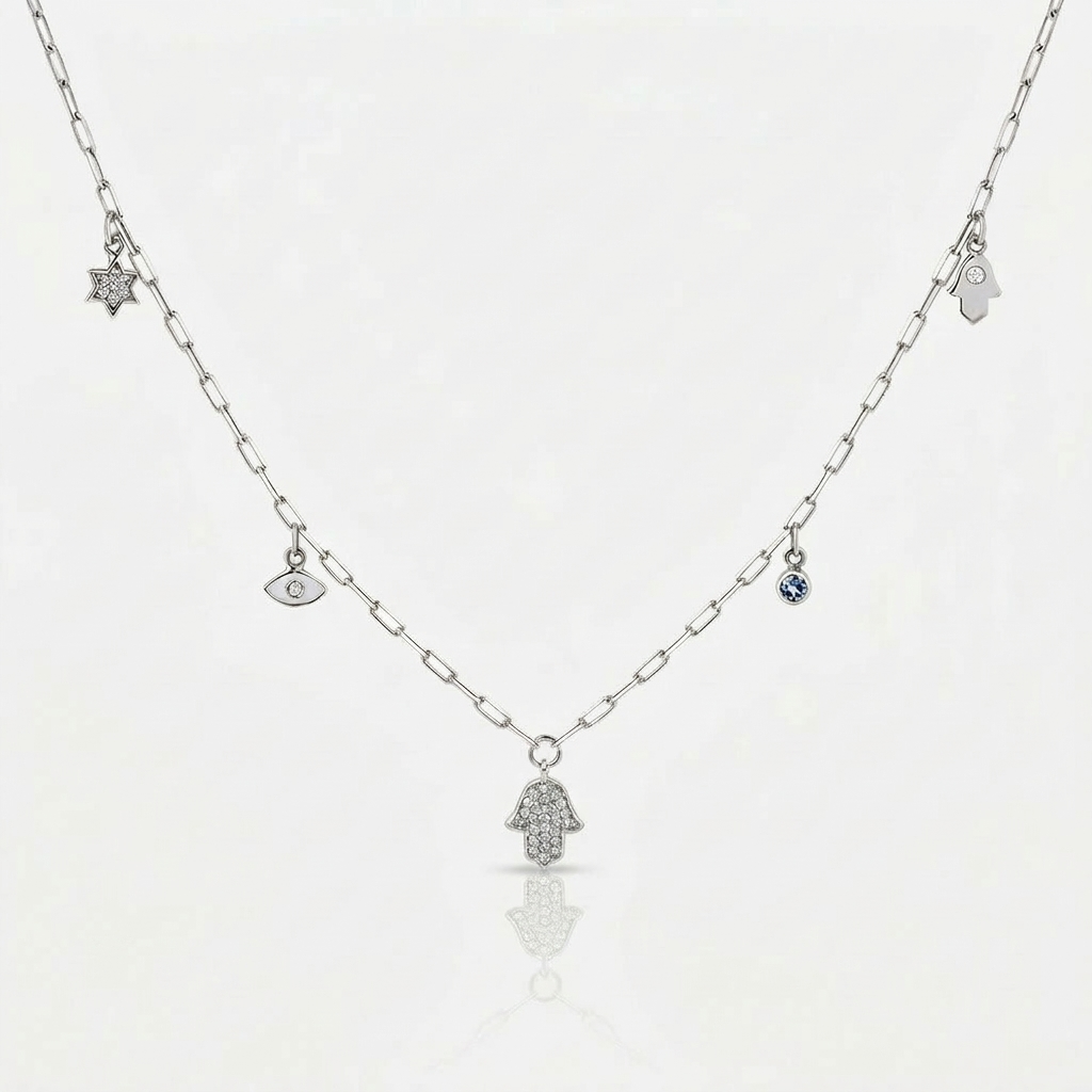 14k gold Dangling Multi Charm classic Hamsa  paperclip necklace