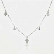 14k gold Dangling Multi Charm classic Hamsa  paperclip necklace
