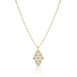 Load image into Gallery viewer, 14K gold Honeycomb hamsa necklace paperclip