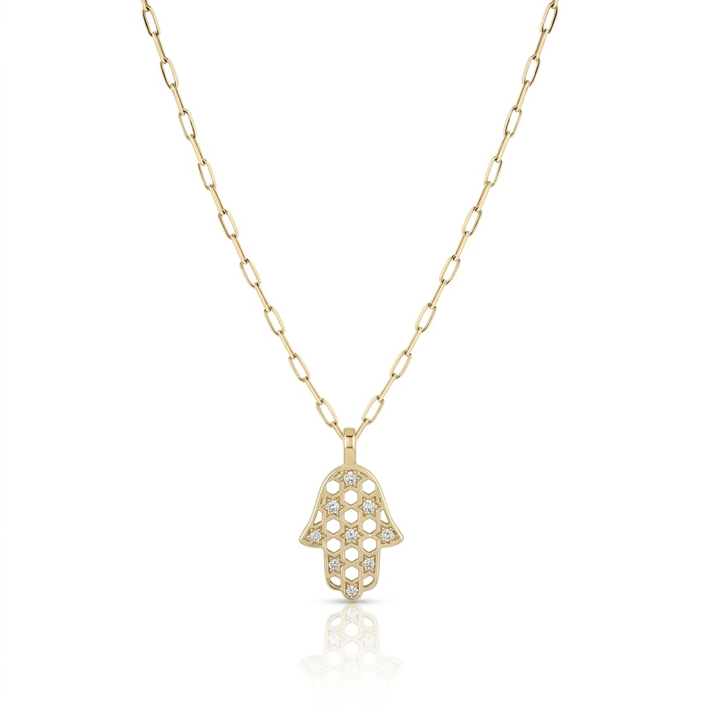 14K gold Honeycomb hamsa necklace paperclip