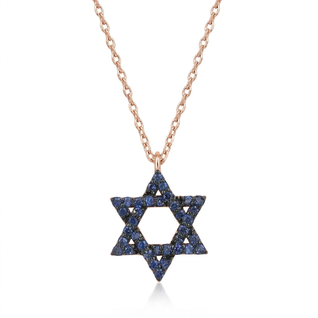 14k gold Classic star of David necklace Blue sapphire