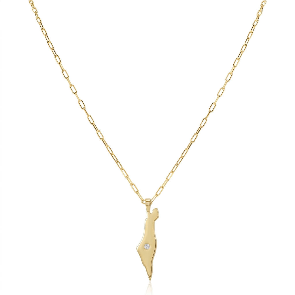 14K Gold Israel Map Diamond Paperclip Necklace