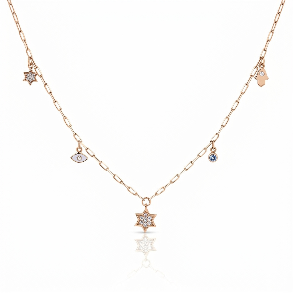 14k gold Dangling Multi Charm full star paperclip necklace