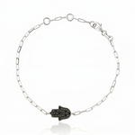Load image into Gallery viewer, 14K gold Large hamsa bracelet Black diamonds paperclip