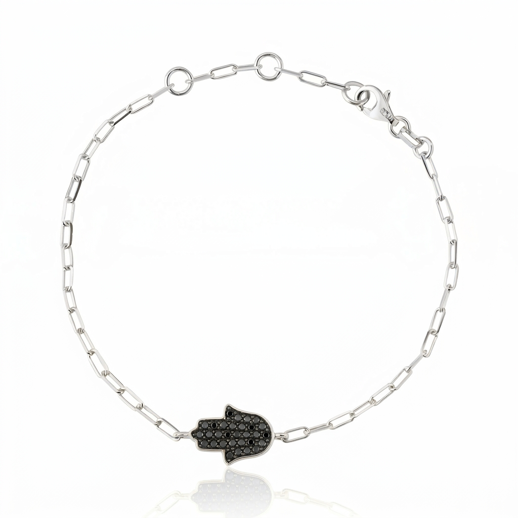 14K gold Large hamsa bracelet Black diamonds paperclip