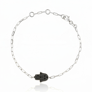 14K gold Large hamsa bracelet Black diamonds paperclip